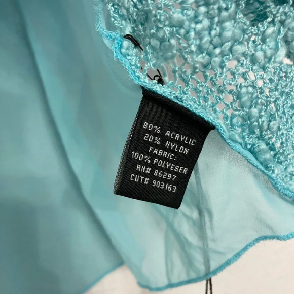 New BCBGMaxAzria Blue Turquoise Mixed Media Boho Crochet Chiffon Poncho Top XL - Picture 6 of 12